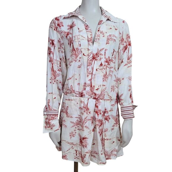 FRAME Silk Dress Womens Size XS Long Sleeve Mini Tropical Toile Ivory/Cream/Red - Picture 2 of 13